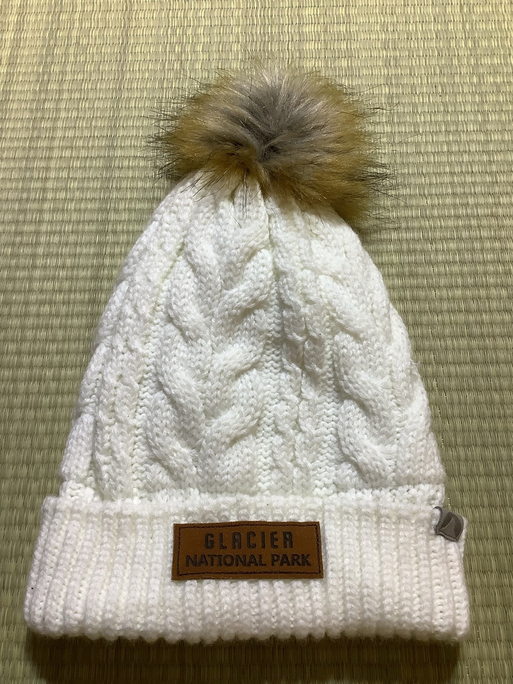 White Cable Knit Beanie with Pom - Glacier National Park Patch